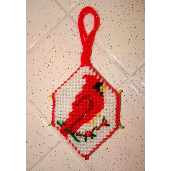 Handmade Plastic Canvas Cardinal 3D Christmas Ornament holly cross stitch holly - Picture 2 of 9